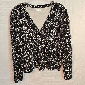 Nine West Cardigan Sweater 2XL Black White Print Button Front V-Neck Cotton